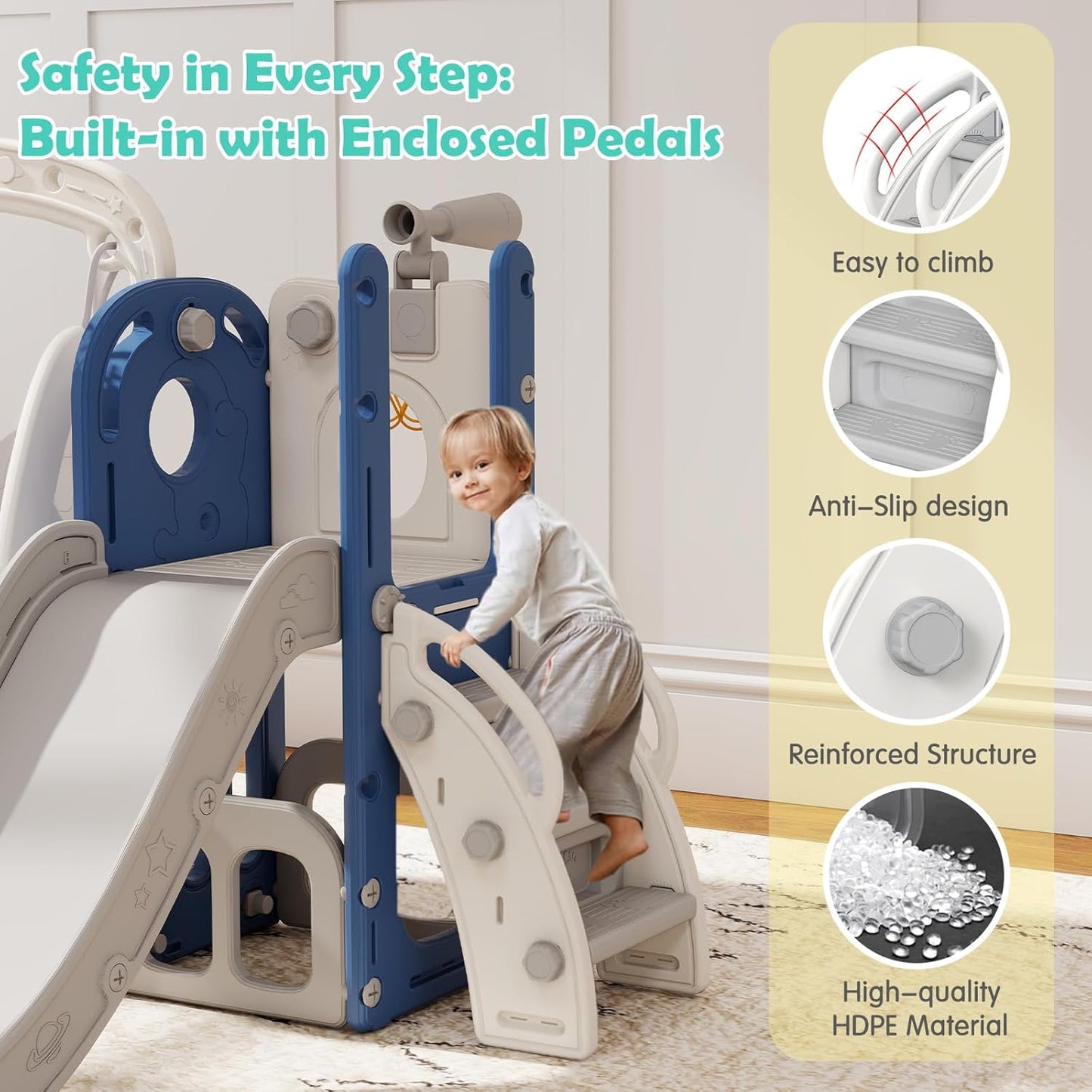 kinbor 6 in 1 Toddler Slide PlaySet - Indoor Outdoor Fun for Kids Ages 1-3, Includes Basketball Hoop, Telescope, Storage & Climber, Safe, Sturdy Baby Slide for Backyard Playground, Blue