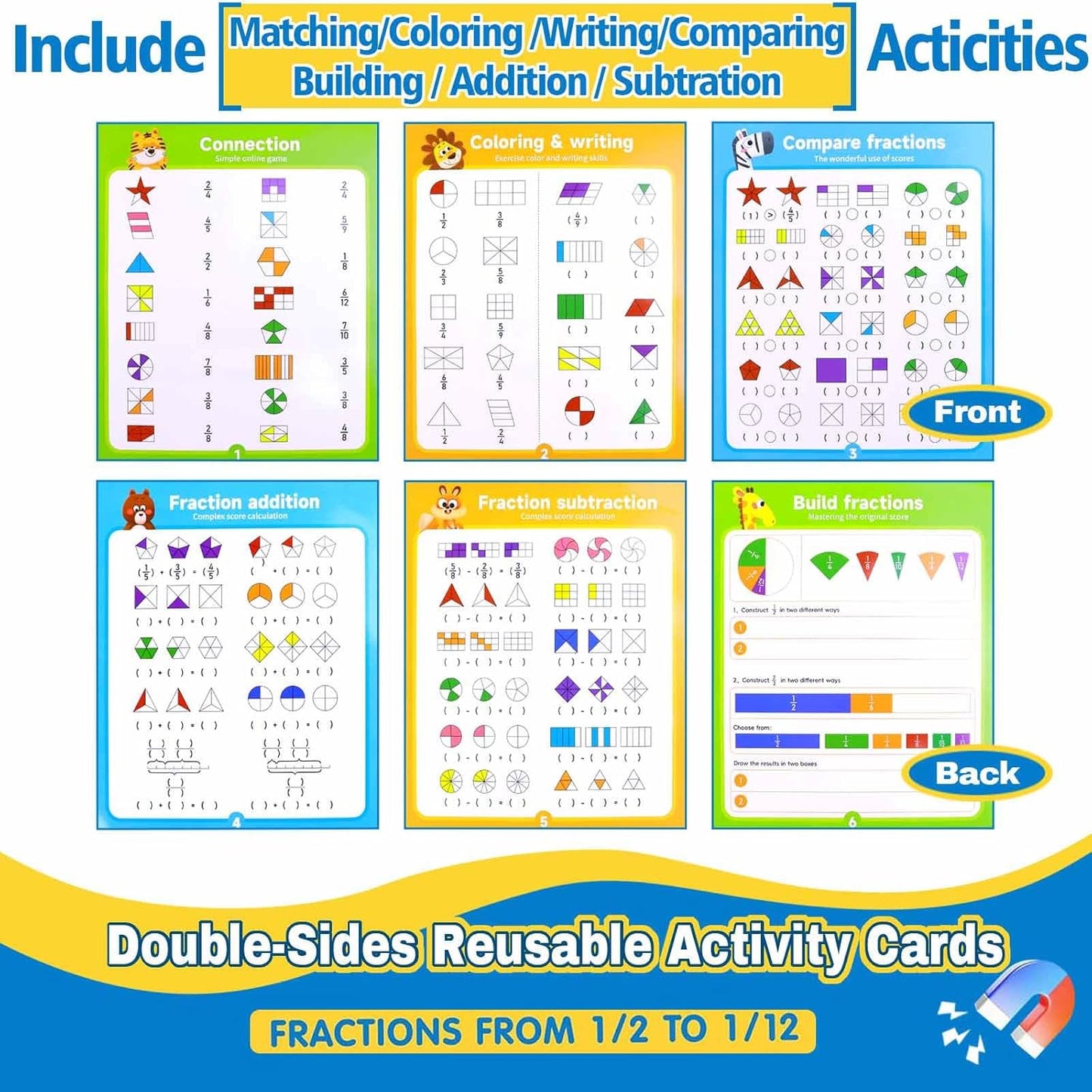 Magnetic Fraction Educational Puzzle Set, Fraction Tiles & Circles Demonstration Book, Montessori Math Manipulatives for Elementary Classroom, Hands-On Learning Tool for Fractions