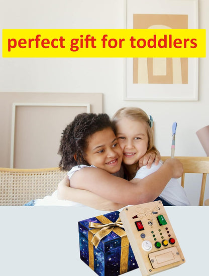 Busy Board Montessori Toys for 1 Year Old Led Button Push Toys Light Switch Preschool Learning Wooden Sensory for Toddlers 1-3 Baby Gifts Travel Fidget Toy (Vehicle Theme Light Toy)