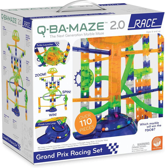 MindWare Q-BA-Maze 2.0 Grand Prix Racing Set – Marble Run Building Toy with Motion-Activated Lights, Ages 8 and Up