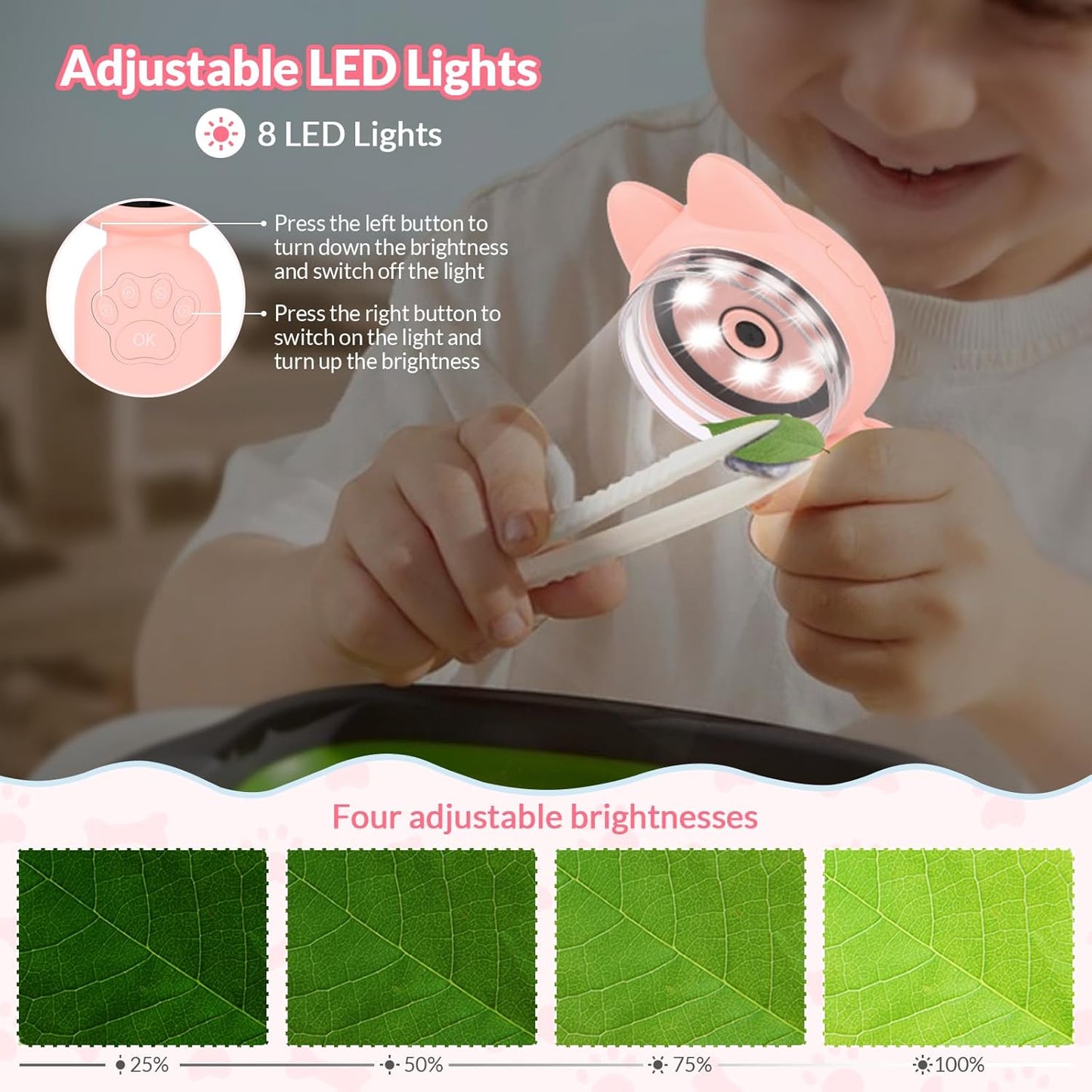 Mafiti Microscope for Kids Mini Pocket Handheld Kids Microscope Educational Science Kit Toys Xmas/Birthday Gifts for Aged 3-12 Girls Boys,Pink