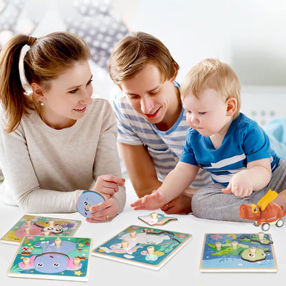 Wooden Puzzles for Toddler Peg Puzzle Toys, Wooden Jigsaw Puzzles Zoo Animal Patterns Puzzle with Handles Educational Montessori Puzzles
