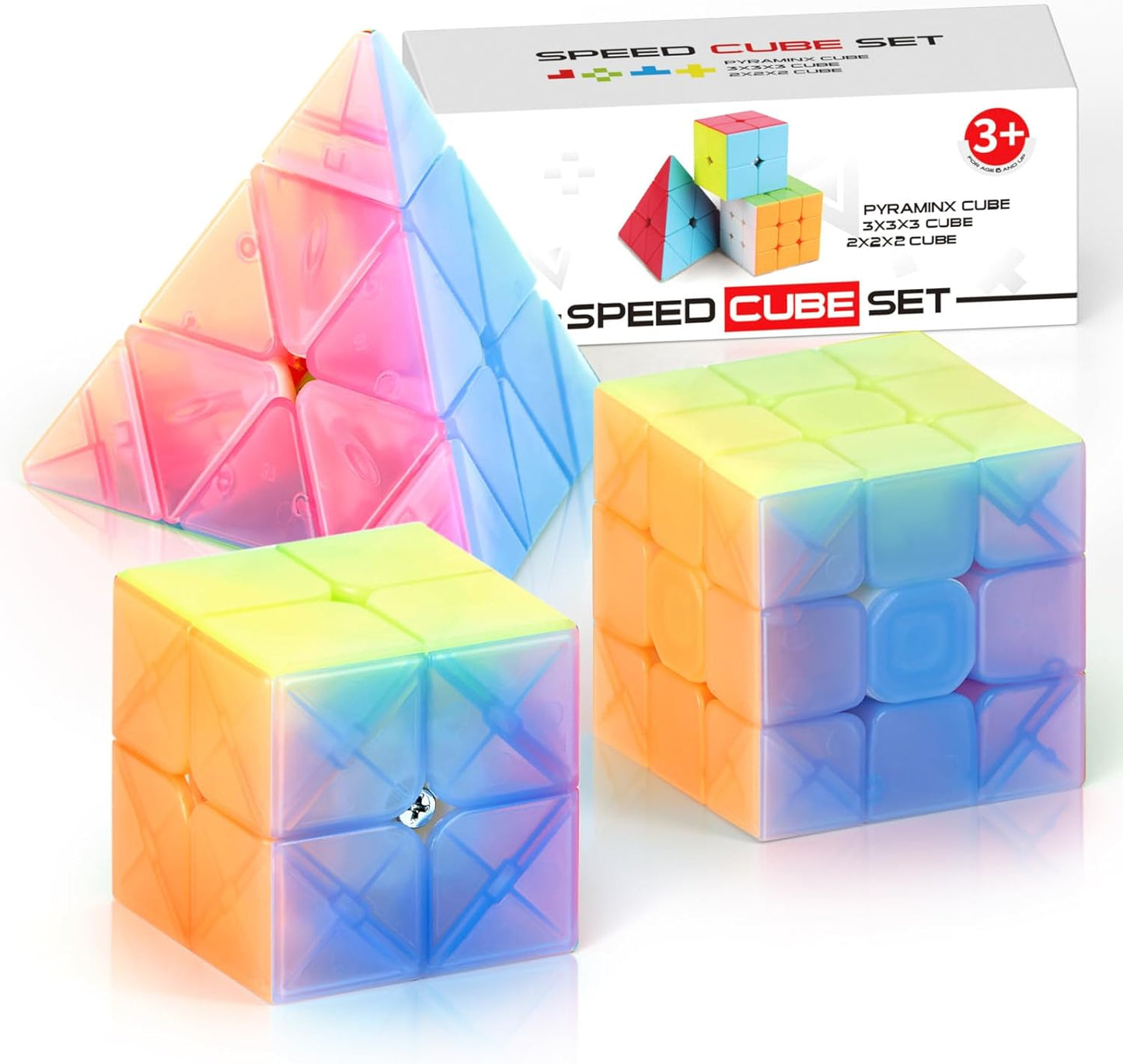 Vdealen Speed Cube Set, 2x2x2 3x3x3 Pyramid Magic Cube Set, Puzzle Cube Toys Birthday Party Christmas Stocking Stuffers Gift for Kids Teens Adults(Carbon Fiber Sticker)