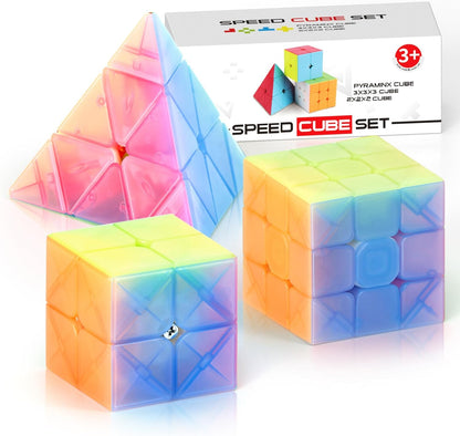 Vdealen Speed Cube Set, 2x2x2 3x3x3 Pyramid Magic Cube Set, Puzzle Cube Toys Birthday Party Christmas Stocking Stuffers Gift for Kids Teens Adults(Carbon Fiber Sticker)