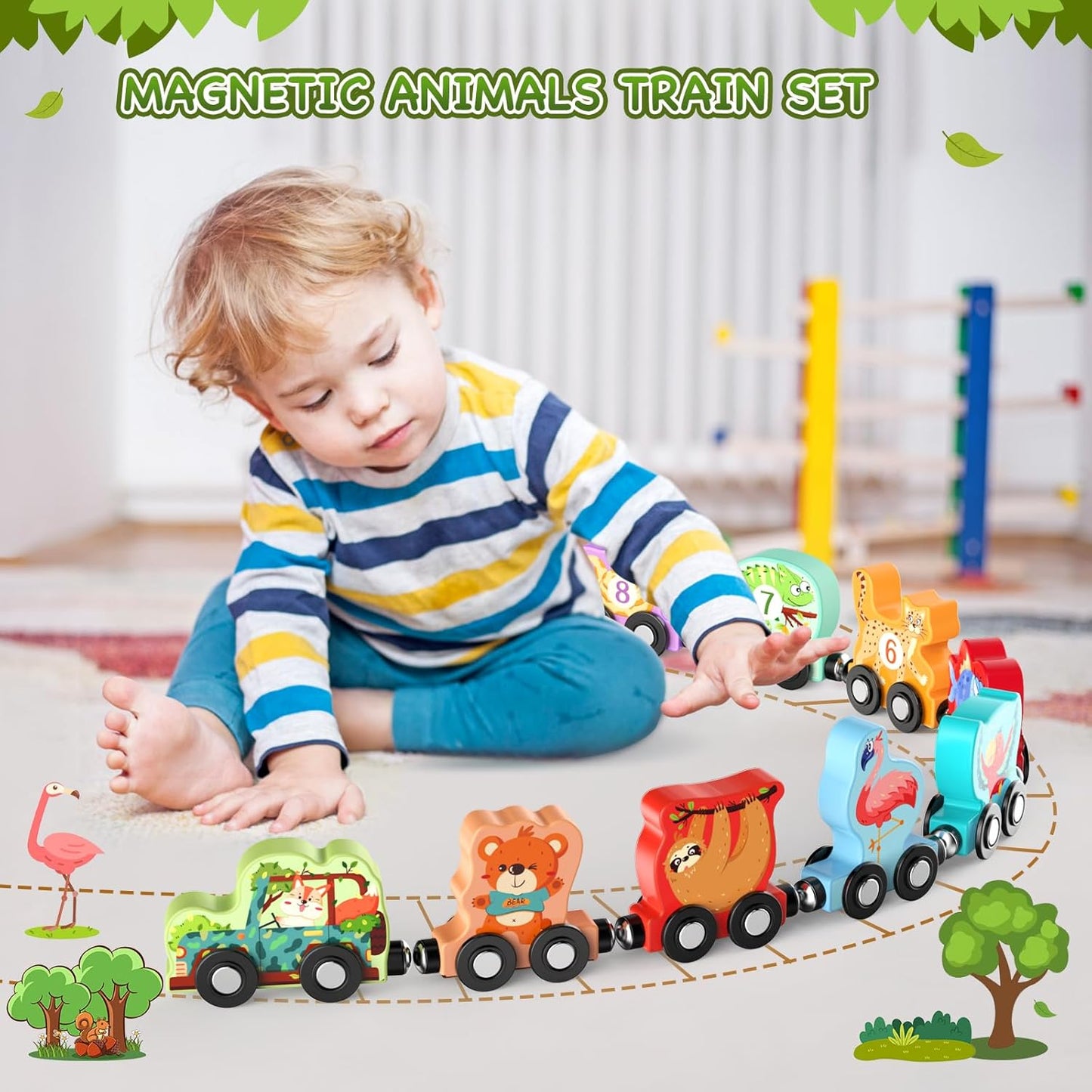 Zeoddler Toys for Toddlers, 11 Magnetic Wooden Animals Train Set, Montessori Toys for Toddlers, Preschool Learning Activities for Kids, Birthday Gifts for Boys, Girls
