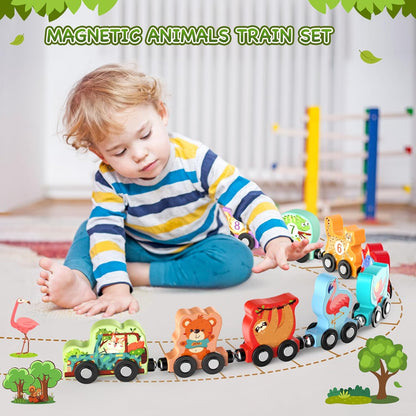 Zeoddler Toys for Toddlers, 11 Magnetic Wooden Animals Train Set, Montessori Toys for Toddlers, Preschool Learning Activities for Kids, Birthday Gifts for Boys, Girls