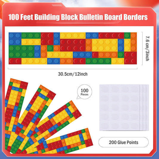 MixTeach 100 Feets Building Block Bulletin Board Borders Colorful Classroom Border Building Block Blackboard Straight Trim Borders for Bulletin Boards Desks Chalkboard Back to School Decoration