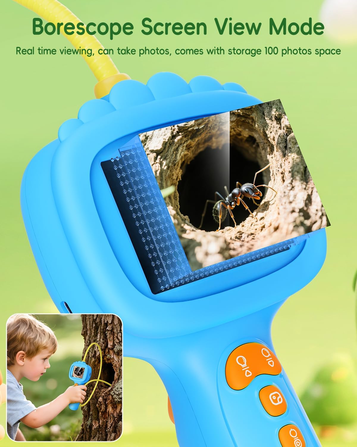 Borescope Camera with Light for Kids, Ashfly STEM Science Educational Toy for 3 4 5 6 7 8 Years Old Boys & Girls, 2.4" Screen Snake Scope Camera for Birthday Outdoor Camping Nature Exploration-Green
