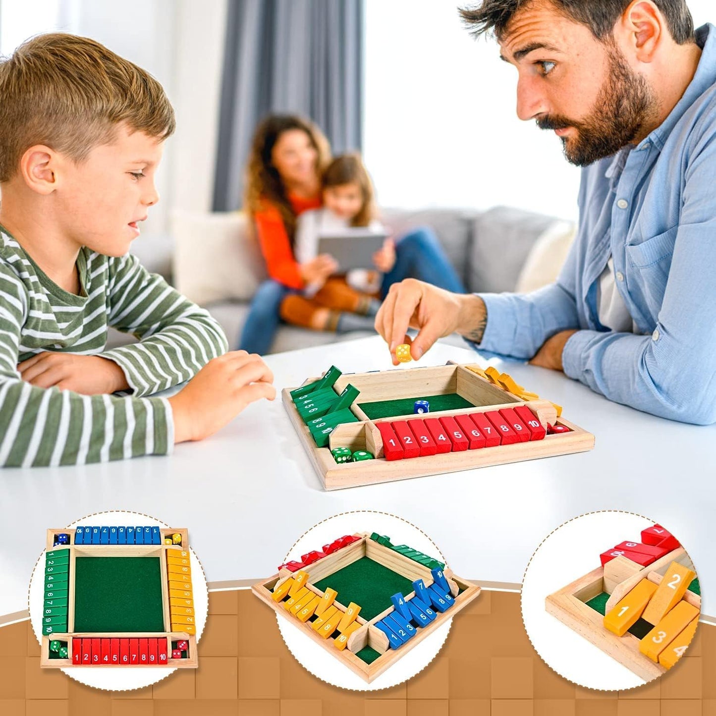 1-4 Players Shut The Box Dice Game, 10 Numbers Traditional Wooden Pub Bar Board Family Table Mat Game Dice for Adults