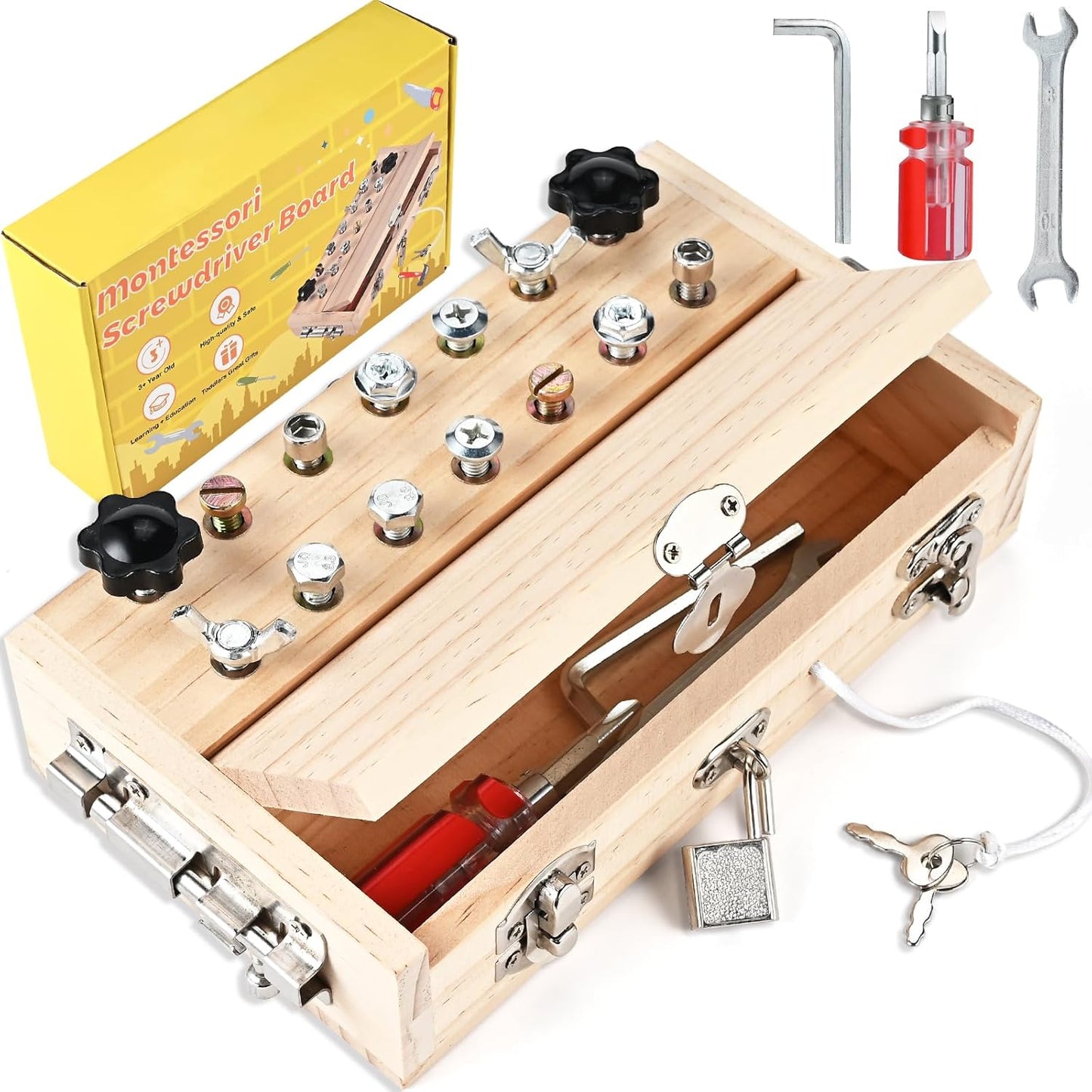 Montessori Screwdriver Board Set, Montessori Toys for 3 4 5 with 6 Locks and Keys, Toddler Screwdriver Toy, Kids Tool Set, Preschool Learning Sensory Toy, Fine Motor Skills Toys
