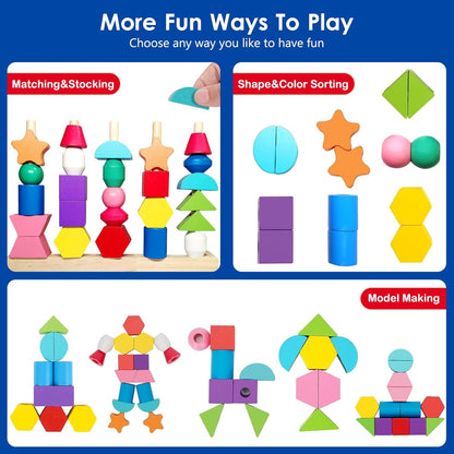 Montessori Wooden Beads Sequencing Toy Set, Sorting Stacking Blocks & Lacing Beads & Shape Matching Stacker for 2 3 4 5 Years Kids Preschool Learning Fine Motor Skills Toys Gifts for Toddler Boy Girl
