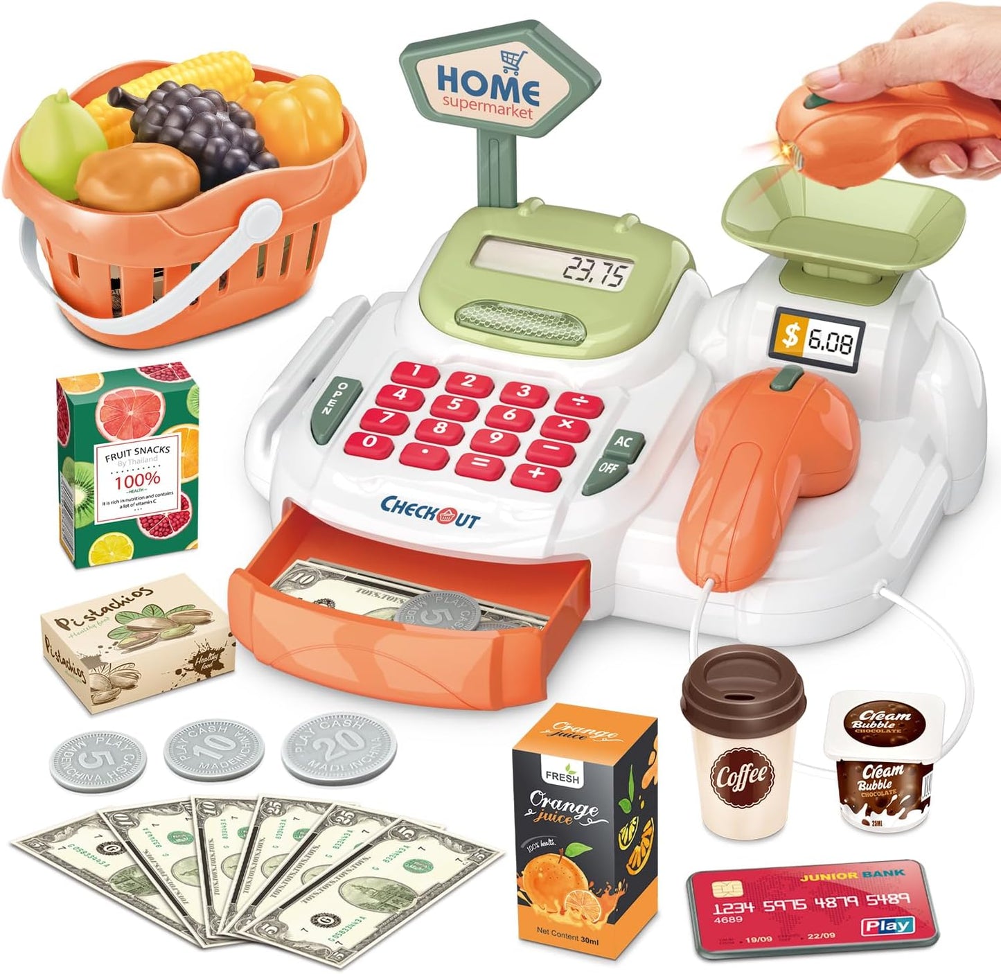Cash Register 36PCS Supermarket Shop Toys with Electronic Sounds,Working Scanner,Calculator,Credit Card Reader,Play Food and Money Preschool Learning for Girl Boys Kids (Green)