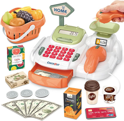 Cash Register 36PCS Supermarket Shop Toys with Electronic Sounds,Working Scanner,Calculator,Credit Card Reader,Play Food and Money Preschool Learning for Girl Boys Kids (Green)