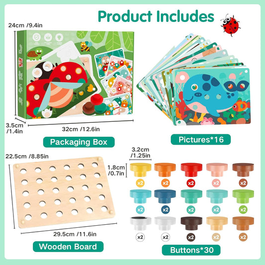 Wooden Toys Color Matching Pegboard for Toddlers 2 3, Button Art Toy Mosaic Puzzle with 30 Buttons & 16Cards, Button Game Toddlers Montessori Fine Motor Toy Educational Gift for Boys Girls Age 2 3 4 5