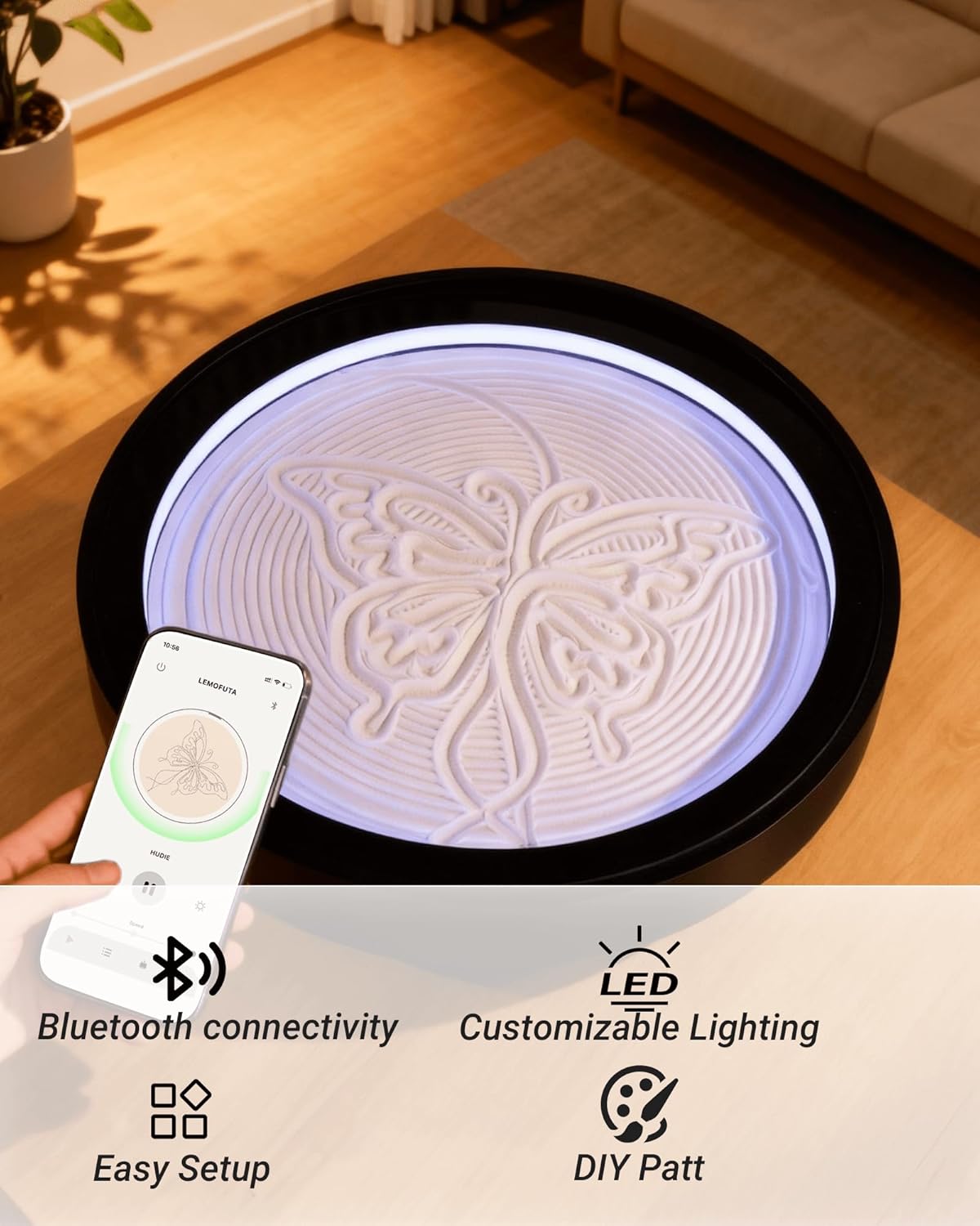 Lemofuta 20" Automatic Zen Drift Sandscape – App-Controlled Sand Drawing Table with DIY Pattern Design, LED Ambient Light & Moving Sand Display for Creative Home Decor