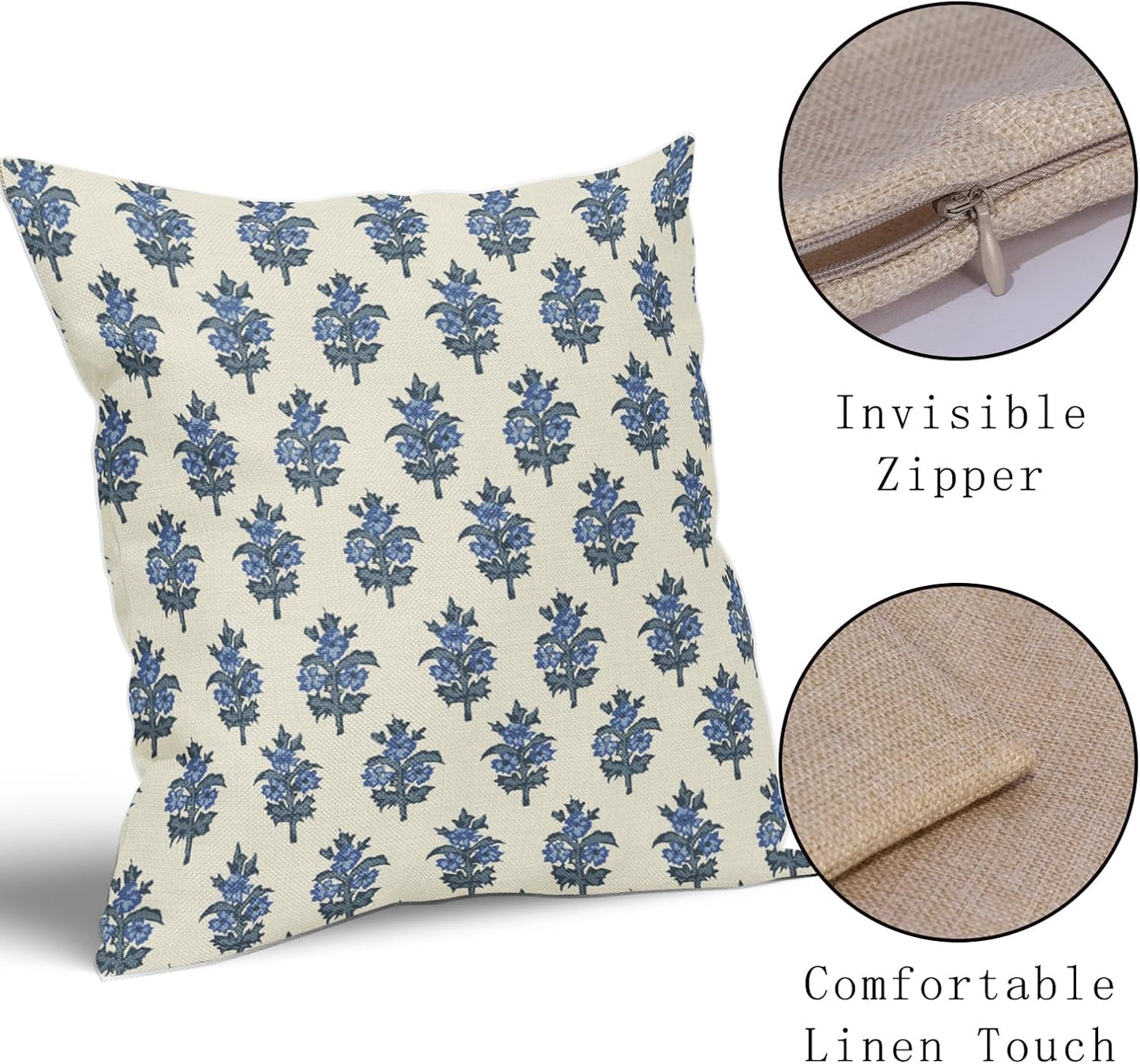 Sage Green Blue Floral Block Print Pillow Covers 18x18 Set of 2 Spring Flower Pattern Decorative Throw Pillowcases Outdoor Rustic Farmhouse Square Cushion Cases Decor for Home Couch Sofa Bed