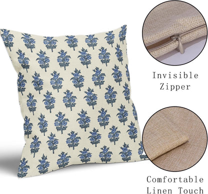 Sage Green Blue Floral Block Print Pillow Covers 18x18 Set of 2 Spring Flower Pattern Decorative Throw Pillowcases Outdoor Rustic Farmhouse Square Cushion Cases Decor for Home Couch Sofa Bed