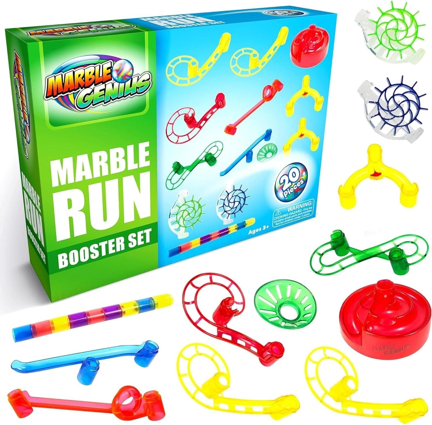 Marble Genius Marble Run Booster Set - 20 Pieces Total (Marbles Not Included), Construction Building Blocks Toys for Ages 3 and Above, with Instruction App Access, Add-On Set, Primary