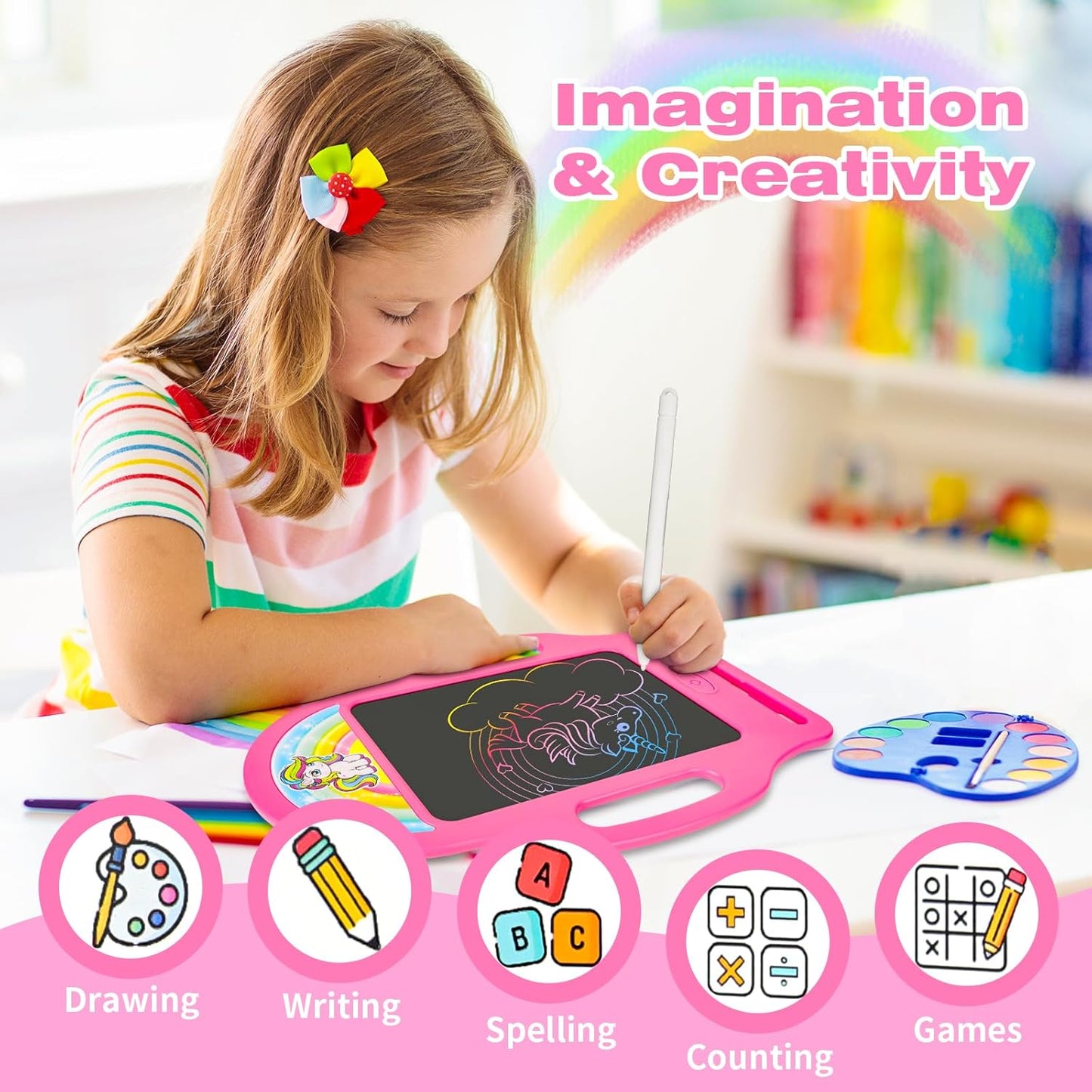 Unicorn 8.5 Inch LCD Writing Tablet for Kids 2-6, Drawing Tablet Doodle Board with Handle, Travel Car Toy for Girls, Educational Sketch Pad Birthday Christmas Gift