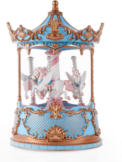 Gifts for Mom Pink Carousel Horse Snow Globe Music Box with Rotating Horses Musical Unicorn Snow Globe with Glitter for Girls, Women, Mom, Birthday Gifts Home Decorations (Pink Silver Carousel)