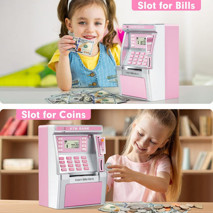 ATM Piggy Bank for Kids, ATM Machine for Real Money with Debit Card, Bill Feeder, Coin Recognition, Balance Calculator, Electronic Savings Safe Box, Gifts for Teen Boys Girls