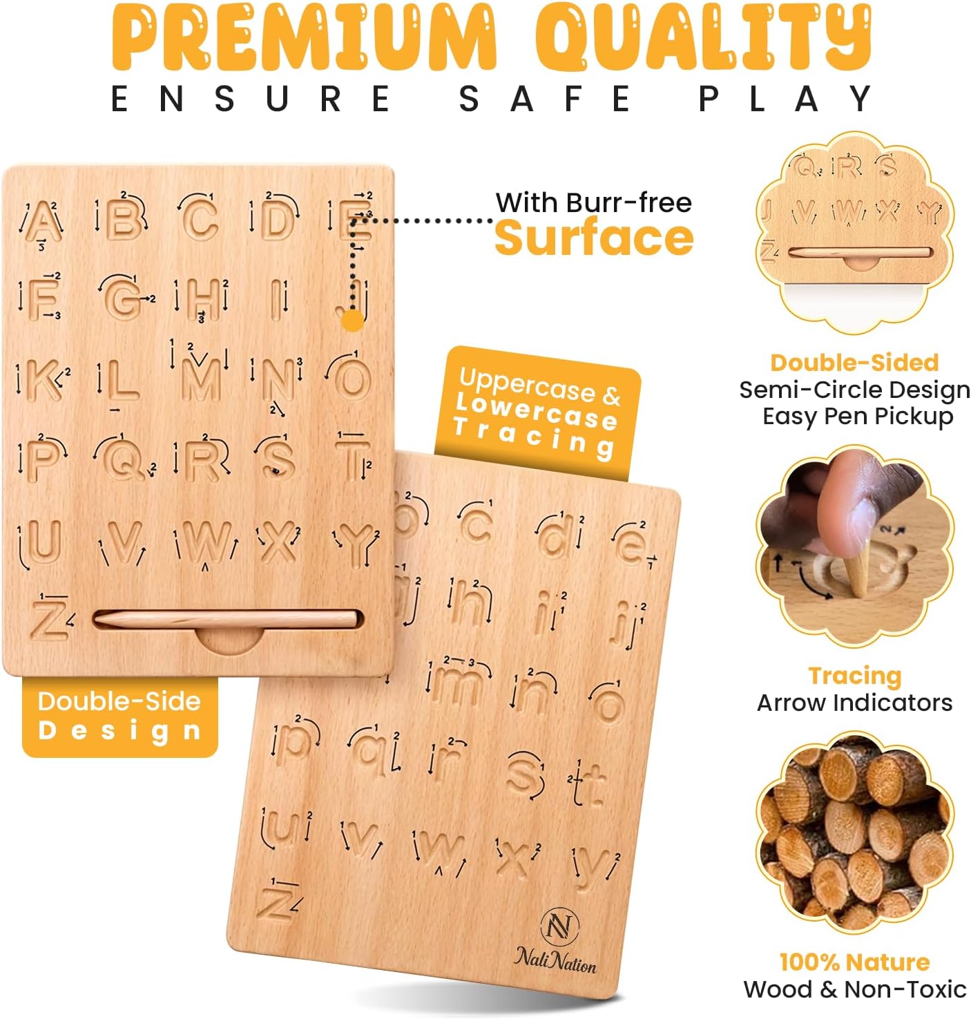 Double-Sided Wooden Alphabet Tracing Board, Premium Natural Wood, Uppercase & Lowercase Letters (19.5x16x1.45cm Bear)