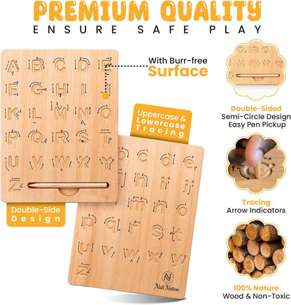 Double-Sided Wooden Alphabet Tracing Board, Premium Natural Wood, Uppercase & Lowercase Letters (19.5x16x1.45cm Bear)