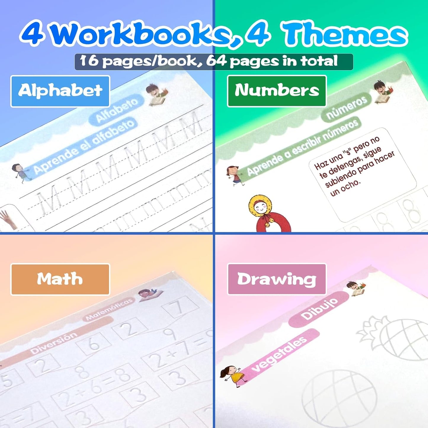 4 Magic Grooved Writing Practice for Kids - English Pre K Tracing Practice Book, Reusable Preschool Handwriting Workbooks Without Tears, 4-Theme Copybooks with Pen Refill for Age 3-10 (English, Small)