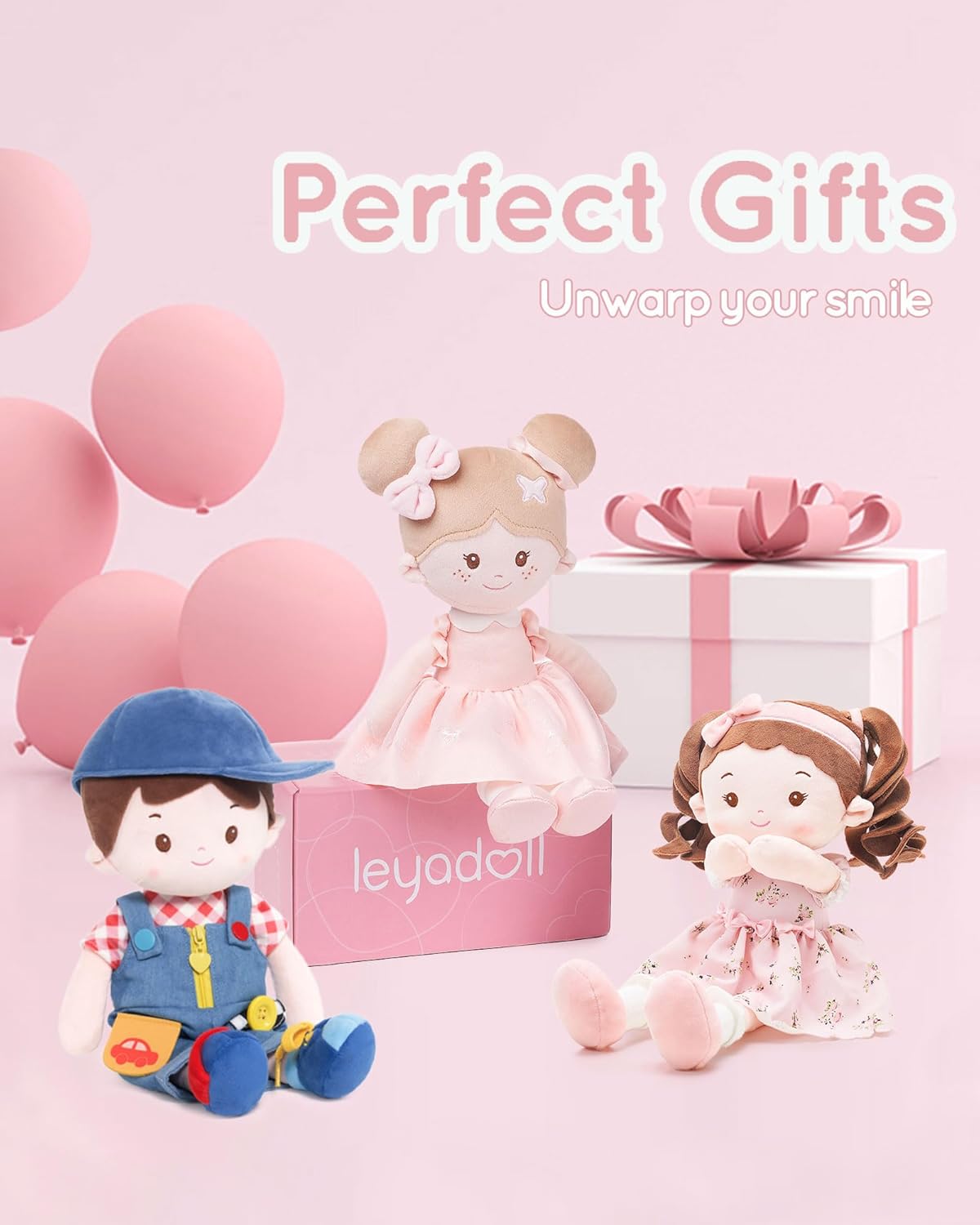 LeyaDoll Soft Bady Educational Soft Baby Doll(16''), Learning Sensory Doll for Toddlers, Montessori Toys for 2-Year-Old Girls Christmas, Birthday Gifts, Plush Doll with Button-Busy Cupcake-Girl