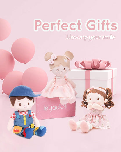 LeyaDoll Soft Bady Educational Soft Baby Doll(16''), Learning Sensory Doll for Toddlers, Montessori Toys for 2-Year-Old Girls Christmas, Birthday Gifts, Plush Doll with Button-Busy Cupcake-Girl