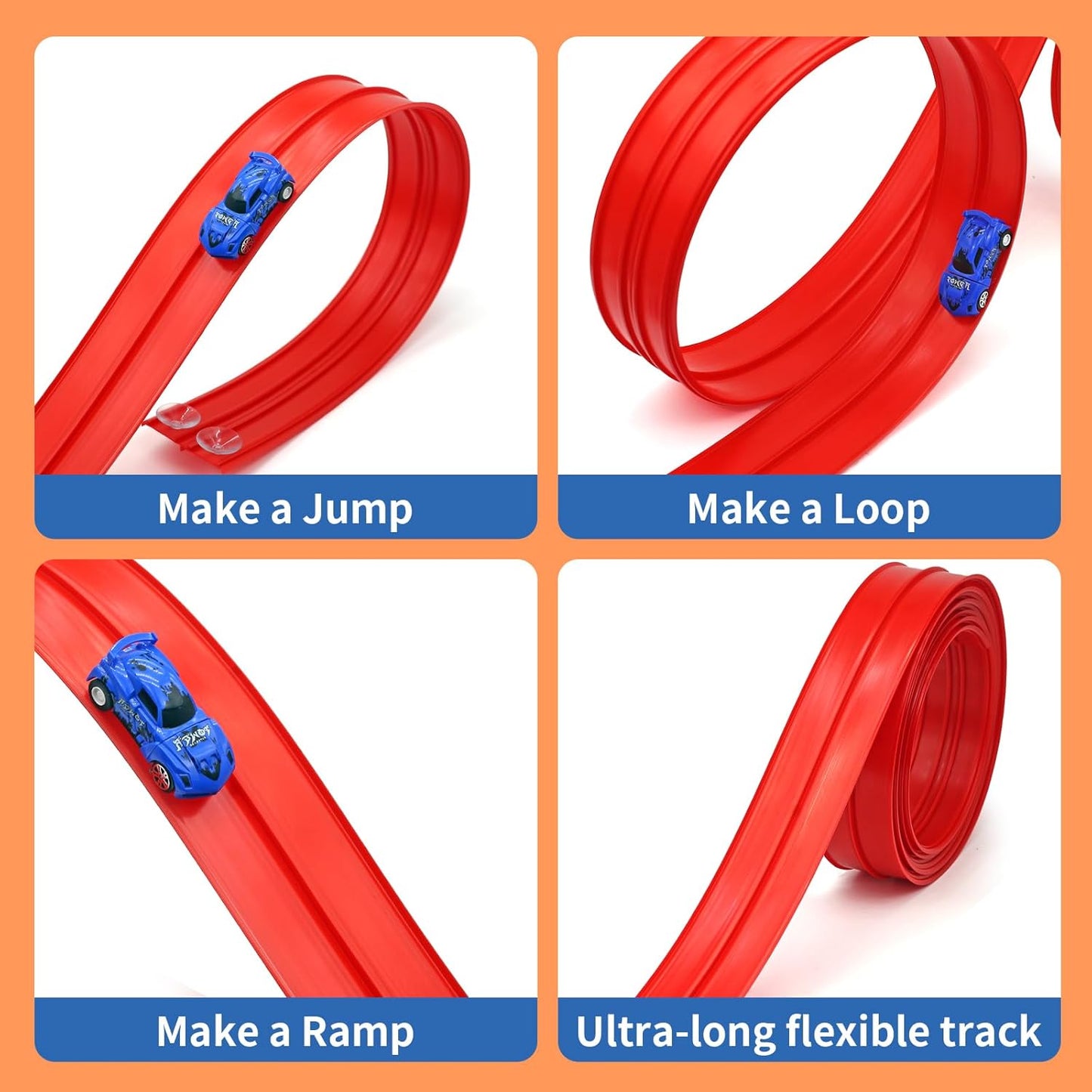 16.5ft Build Anywhere Portable Race Track with Suction Cups - Flexible Roll-Up Design Fits 1/64 Scale Cars, Portable Toy Gift for Kids 4+ Year Old (3 Tracks/Red)