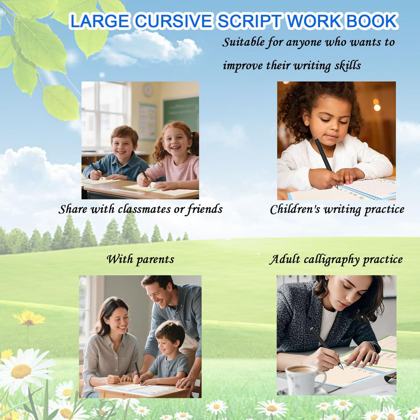2 Pack Grooved Cursive Handwriting Workbook, Magic Reusable Grooved Handwriting Practice with Disappearing Ink Pens Cursive Writing Practice Book for Kids Beginners（2pc+Pens）（10.2in x 7.3in）