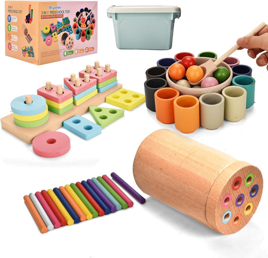 Montessori Toys for 1-3 Year,3 in 1 Wooden Learning Fine Motor Skills Toys Rainbow Color Sorting Toy for Toddlers - Preschool Color Matching, Educational Color Recognition ShapeSorter Boys Girls Gifts