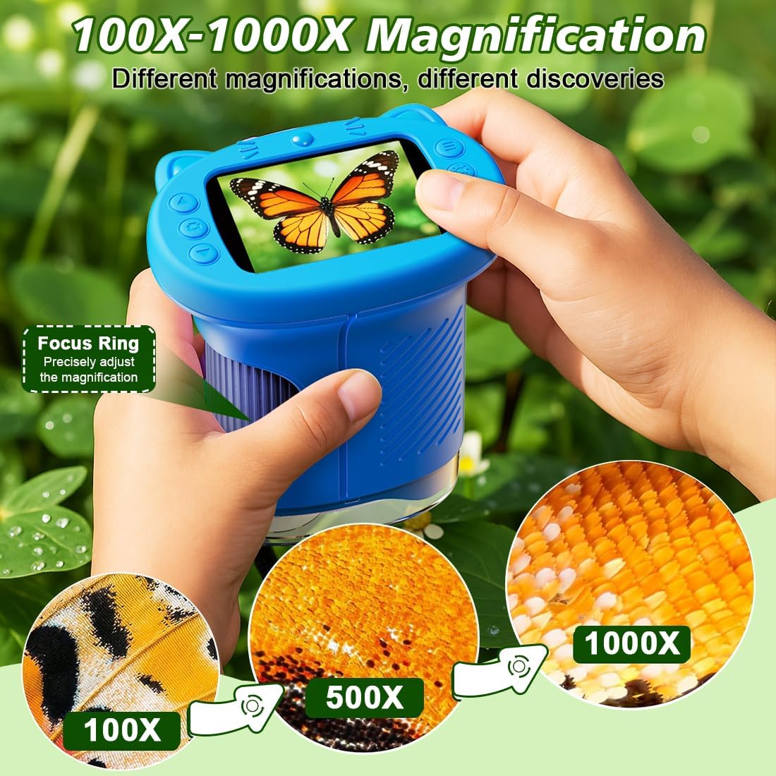 1000X Handheld Digital Microscope for Kids, 4K Kids Microscope with 2.4" Screen, 200–1000X Magnification, Portable STEM Educational Toy for Boys and Girls Ages 5–12 (White)