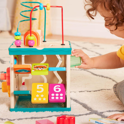 B. toys – Tabletop Activity Cube – Educational Storybook Included – Wooden Shape Sorter, Bead Maze, Animal Tiles – Top Flips for Compact Storage – 12+ Months – Lil' Learning Cube