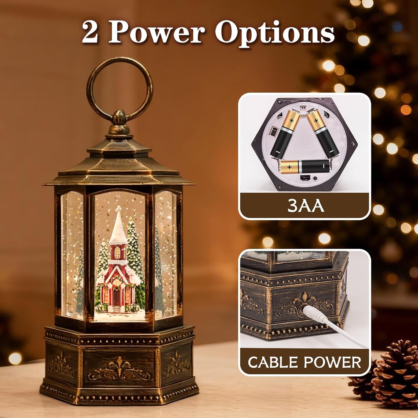 Christmas Snow Globes Lantern, Church and Christmas Tree Christmas Decorations Indoor, 6H Timer Battery & USB Powered Light Up Musical Snow Globes for Kids Women Adults Gift Thanksgiving Home Decor