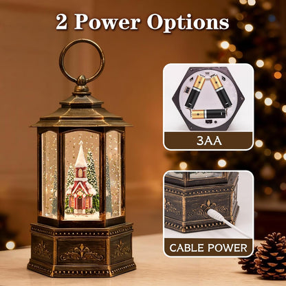 Christmas Snow Globes Lantern, Church and Christmas Tree Christmas Decorations Indoor, 6H Timer Battery & USB Powered Light Up Musical Snow Globes for Kids Women Adults Gift Thanksgiving Home Decor