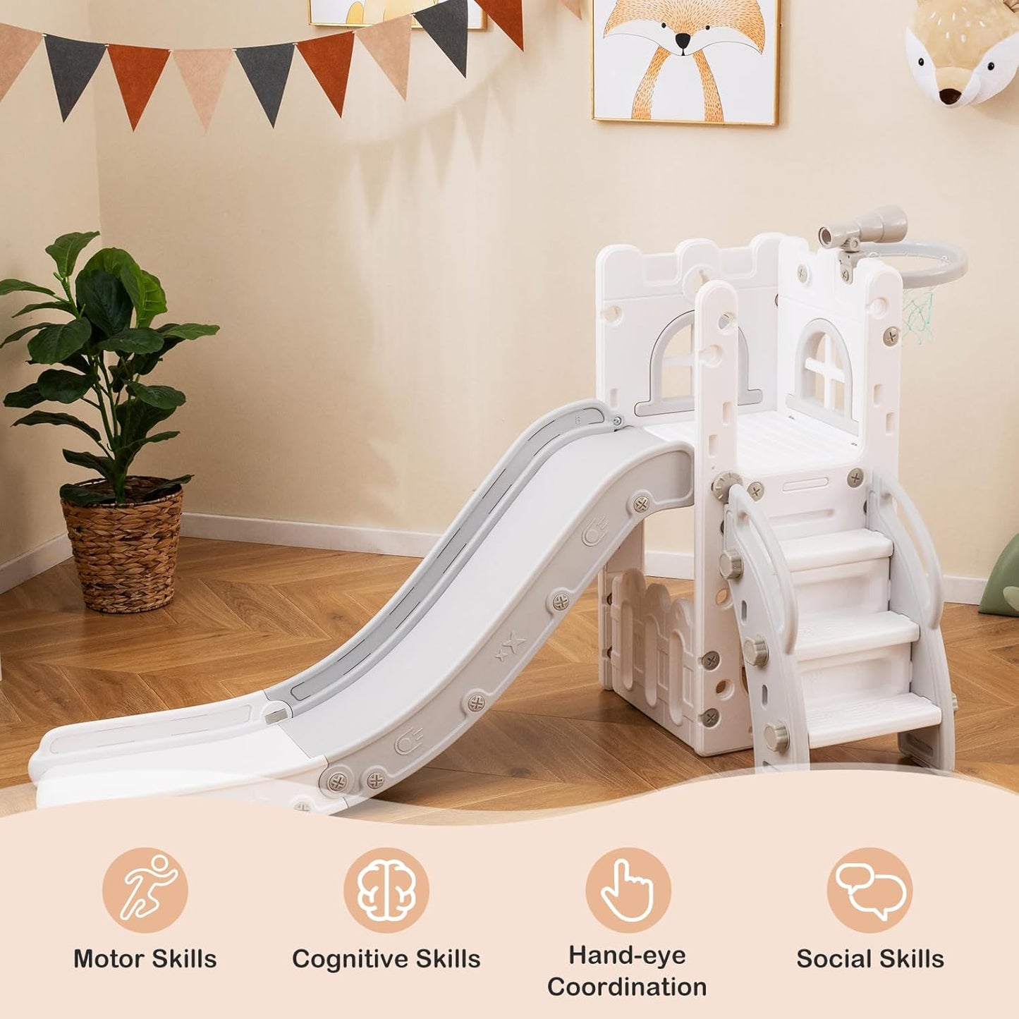 BABY JOY Toddler Slide, 6-in-1 Indoor Kids Slide Playset with Basketball Hoop, Telescope, Climbing Ladder & Storage Space, Freestanding Playhouse & Climber for Kids Aged 1-3 (Pink)