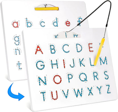 Magnetic Letter Tracing Board, Double-Sided ABC Magnets for Kids-Uppercase & Lowercase Letter Writing Practice, Road Trip Car Activities for Kids, Reusable Handwriting Practice(Ages 3-5)