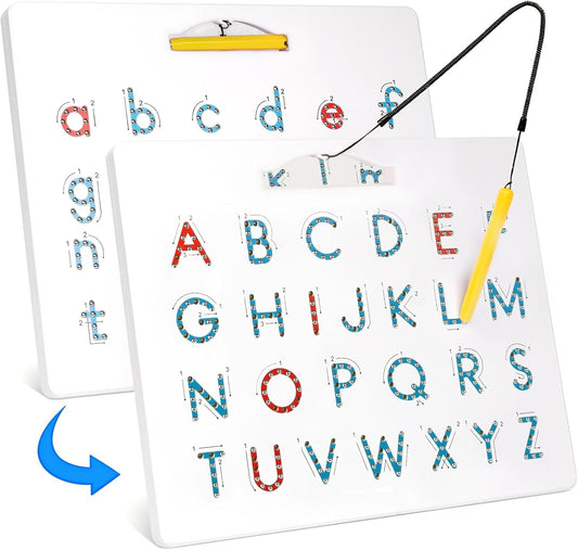 Magnetic Letter Tracing Board, Double-Sided ABC Magnets for Kids-Uppercase & Lowercase Letter Writing Practice, Road Trip Car Activities for Kids, Reusable Handwriting Practice(Ages 3-5)