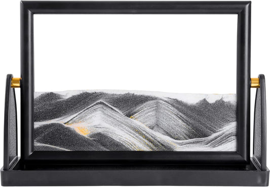 BOLGRLONG Moving Sand Art Liquid Motion 3D Dynamic Mountains Sandscape Painting, Square Glass Sands Painting with Easy-Flip Stand, Sensory Relaxing Decor for Home and Office (9") (Black)