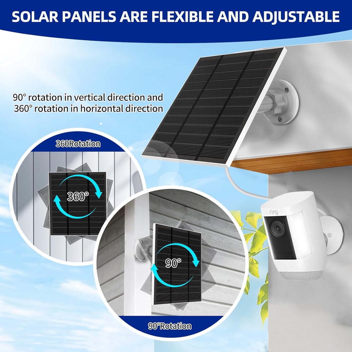 Solar Panels for Ring Camera Outdoor (New Generation) 5W 5V Solar Panel Charger with USB-C&Plug for Spotlight Cam Plus&Stick Up Cam Pro.Waterproof IP65 360°Adjustable 2M Cable (Black, 1)