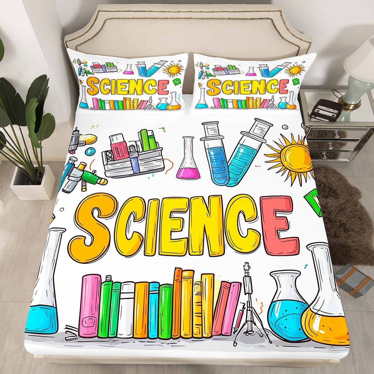 Chemistry Bed Sheets for Kids Teens Girls Boys,Chemical Experiment Fitted Sheet Twin,Science Themed Sheets for Math Lovers,Chemistry Lab Bedding Set,White and Black