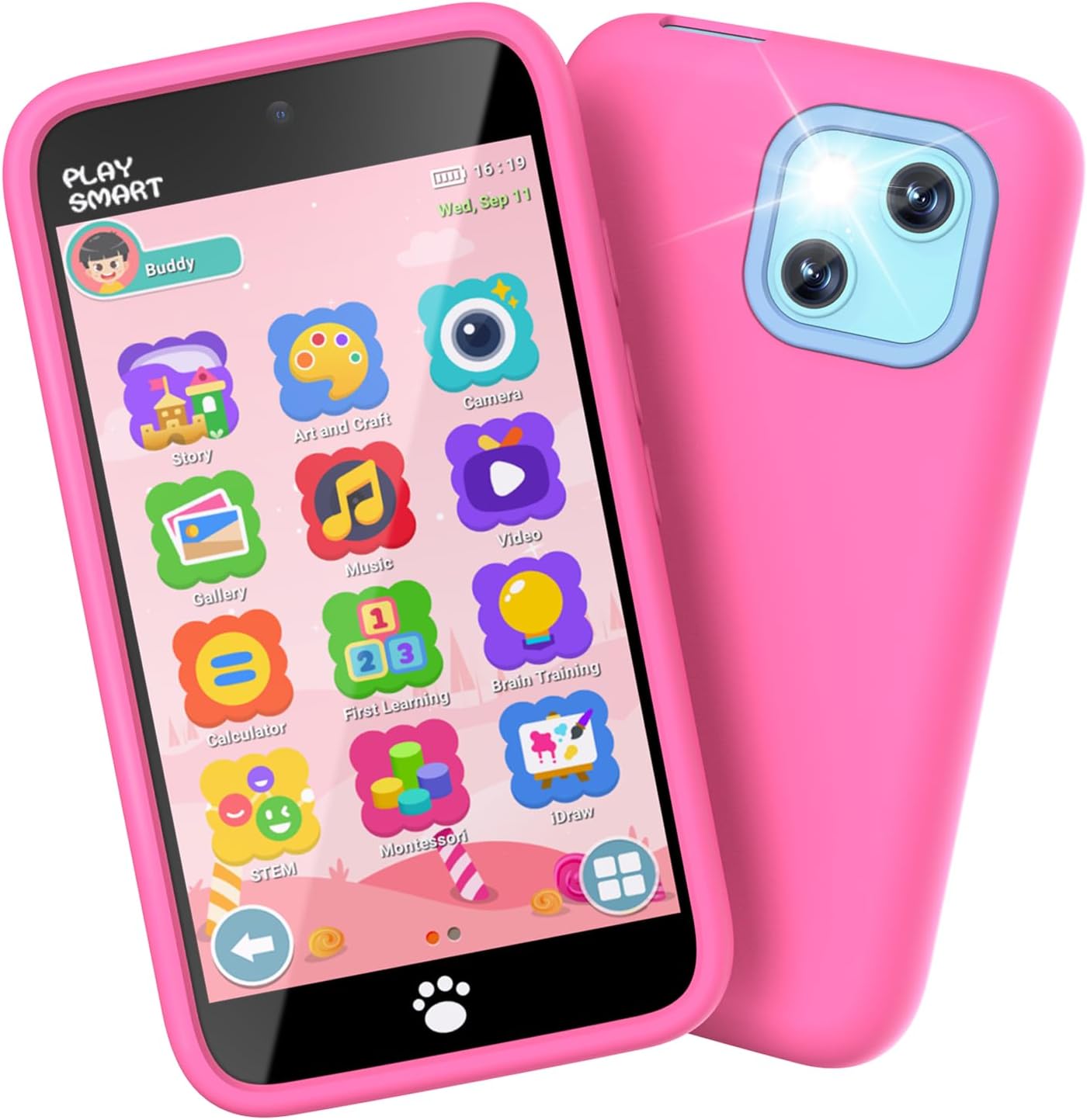 MOMILLA Kids Smart Phone Toys for Girls, 3.97” Touchscreen, Dual Cameras with Stickers, 200+ Games & 16GB Storage, Christmas Birthday Gifts for Kids Age 3-10, Educational Mini Toddler Play Phone Toy