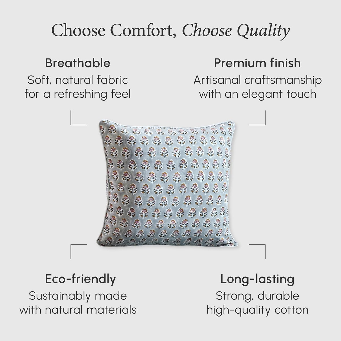 CPC 100% Cotton Throw Pillow Covers 18x18 Inch, Set of 2 Green Block Print Pattern Couch Pillow, Cute Boho Decorative Pillows for Living Room, Bedroom with Hidden Zipper- Agate Green