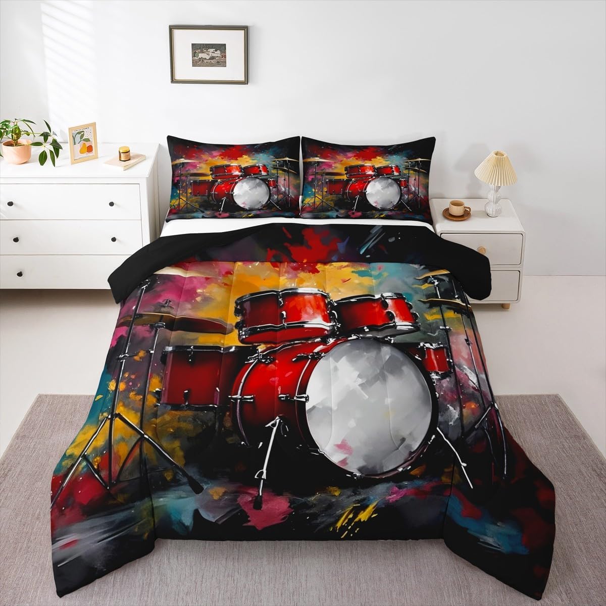 Erosebridal Drum Kit 3D Print Kids Comforter Sets Rock Music Themed Full Bedding Set for Boys Girls Musical Pattern Comforter Set,Colorful Retro Style Quilt Duvet 3 Pcs