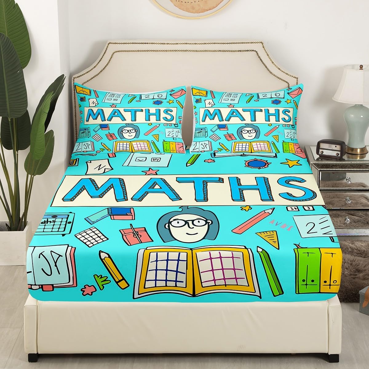 Erosebridal Science Theme Bed Sheets Set Full Size for Boys Girls Chemistry Periodic Table Print Sheet Set Chemical Subject Theme Sheets Teens Kids Math Science Atyle Fitted Sheet 4 Pcs