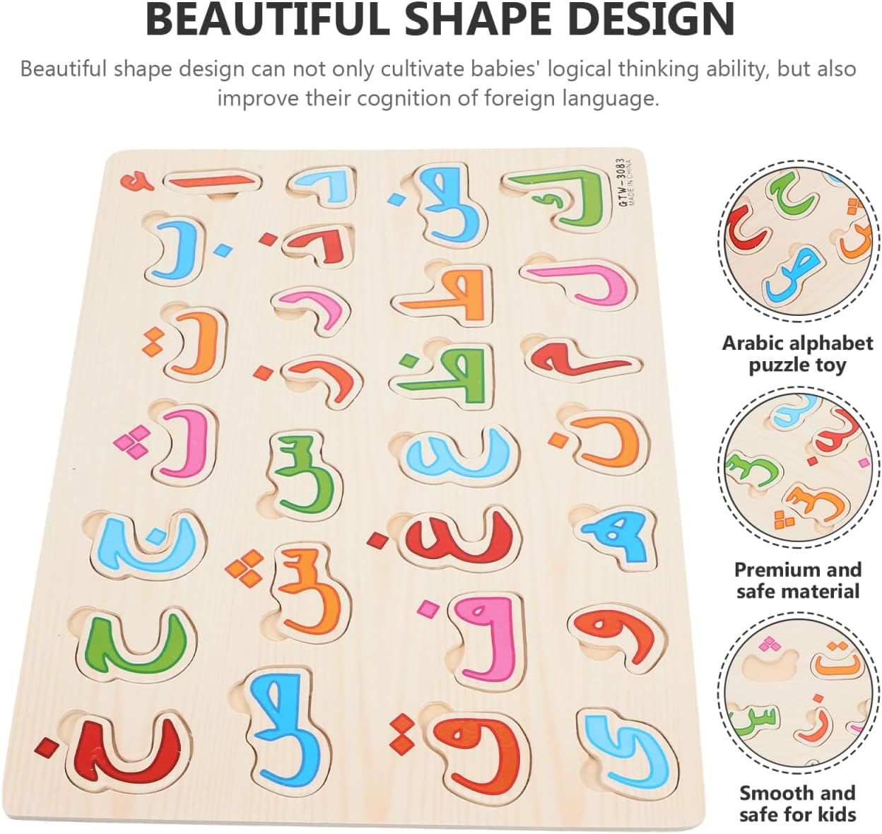 Toddle Arabic Alphabet Puzzle: Learning Arabic Letter Montessori for Kids - 3D Number Hand Grip Blocks Jigsaw Puzzle Board Preschool Educational Developing Toy