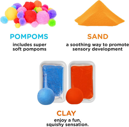 LOLO TOYS Sensory Kit for Toddlers and Kids - Includes 3 Bins with Lids, Play Tools, Sand, Feathers, Clay, Color Beads and Pom Poms Kids Box Fillers (Starter Set)