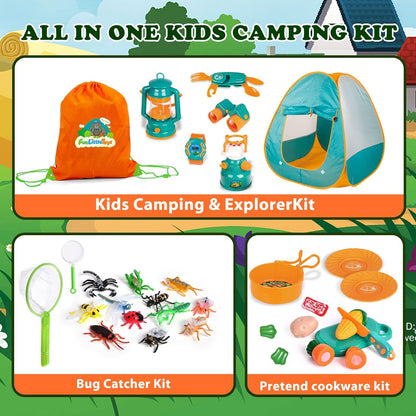 FUN LITTLE TOYS Pop Up Play Tent with Camping Gear and Tools Set, Outdoor Toys for Kids